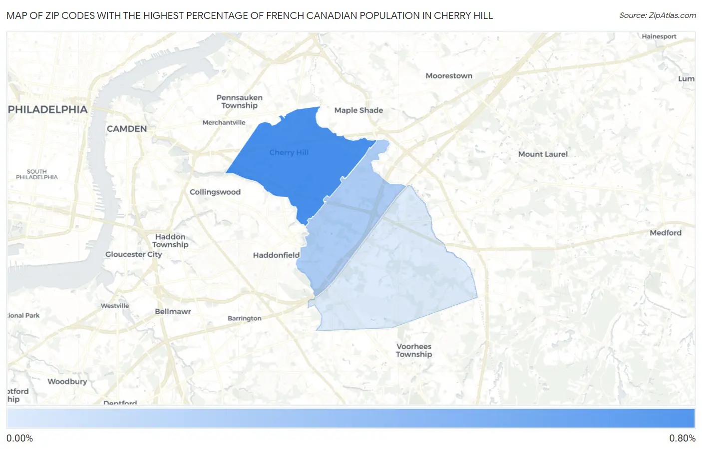 Zip Codes with the Highest Percentage of French Canadian Population in Cherry Hill Map