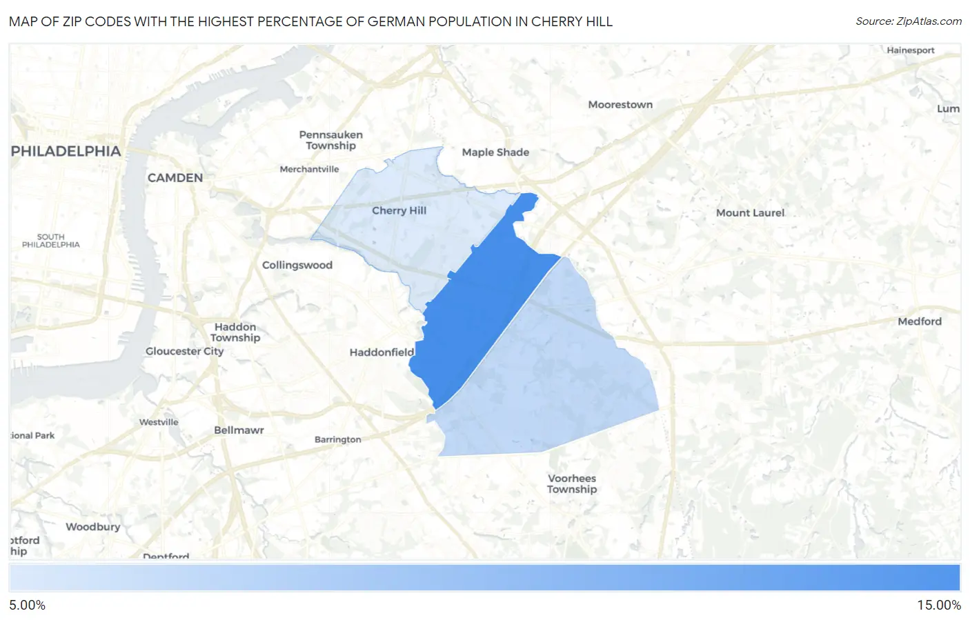Zip Codes with the Highest Percentage of German Population in Cherry Hill Map