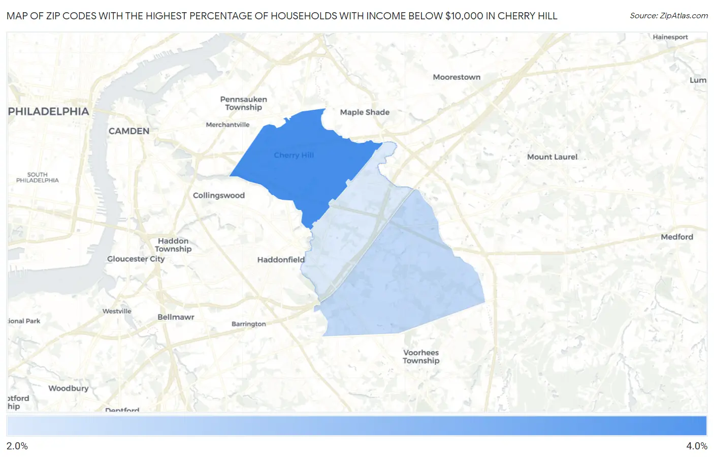 Zip Codes with the Highest Percentage of Households with Income Below $10,000 in Cherry Hill Map