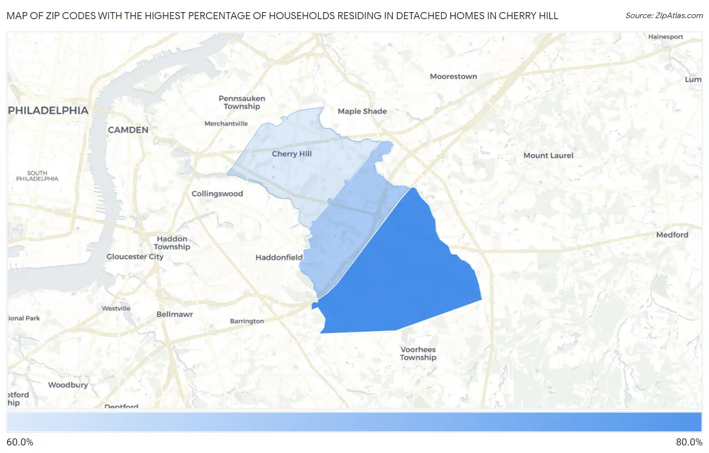 Zip Codes with the Highest Percentage of Households Residing in Detached Homes in Cherry Hill Map