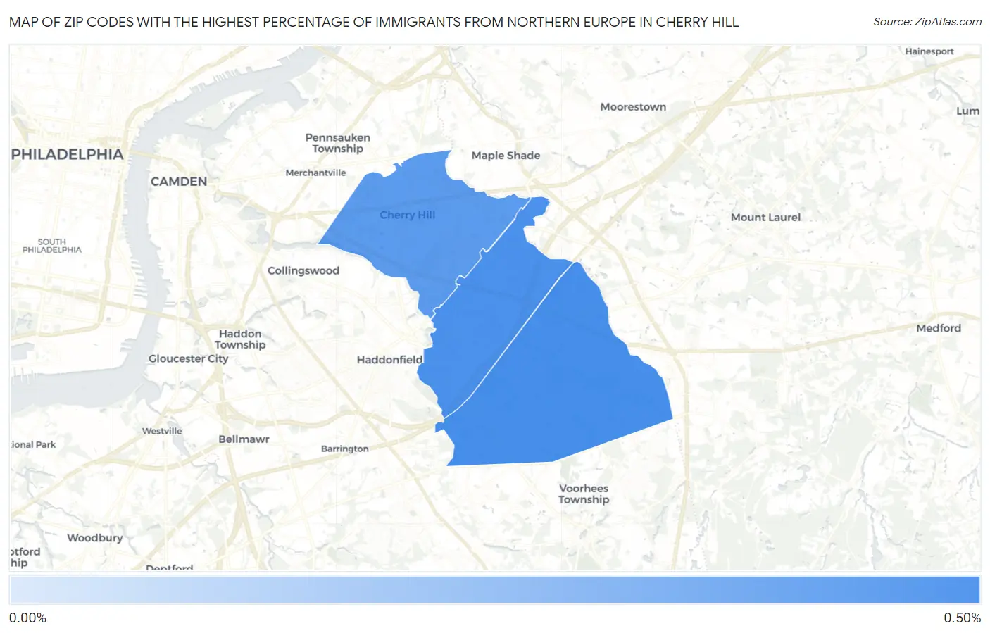 Zip Codes with the Highest Percentage of Immigrants from Northern Europe in Cherry Hill Map