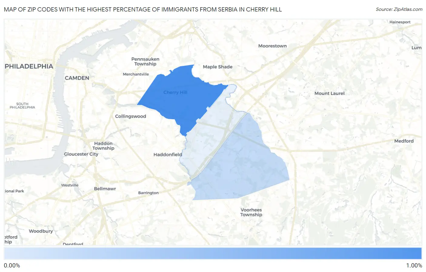 Zip Codes with the Highest Percentage of Immigrants from Serbia in Cherry Hill Map