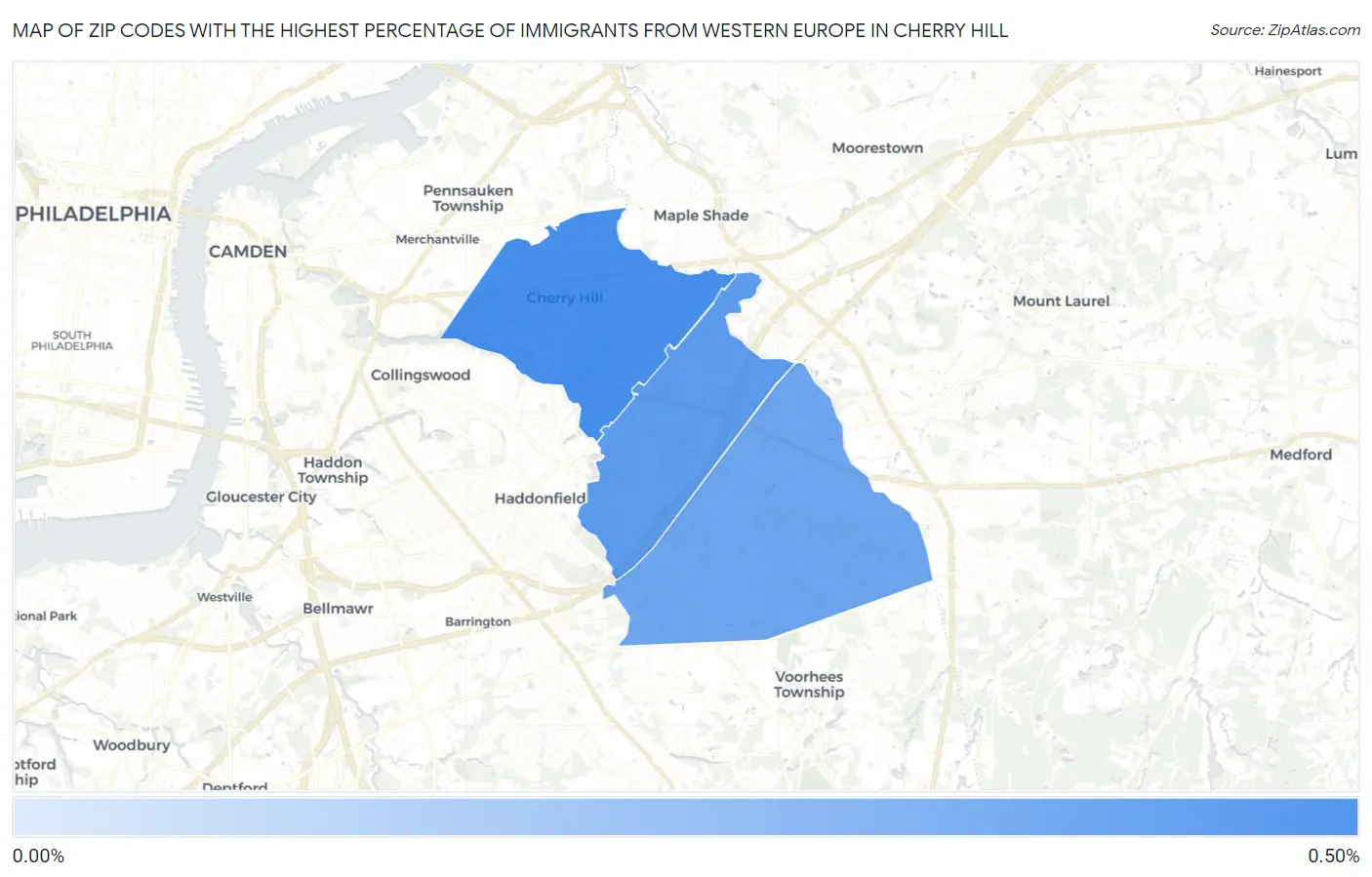Zip Codes with the Highest Percentage of Immigrants from Western Europe in Cherry Hill Map