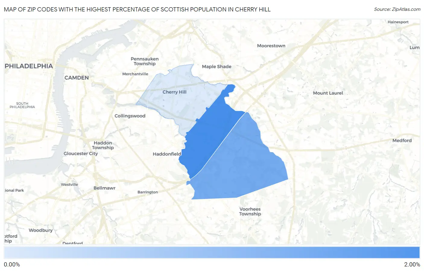 Zip Codes with the Highest Percentage of Scottish Population in Cherry Hill Map