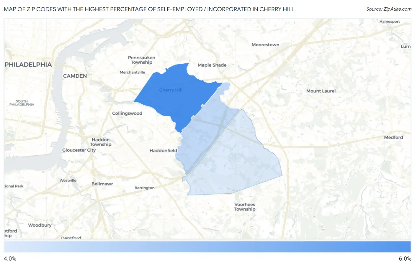 Zip Codes with the Highest Percentage of Self-Employed / Incorporated in Cherry Hill Map
