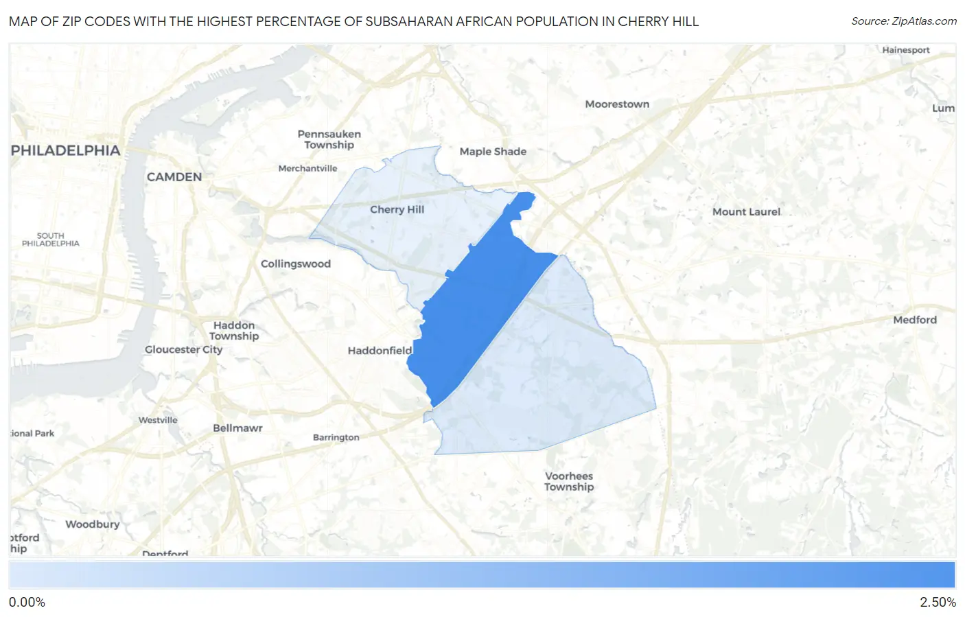 Zip Codes with the Highest Percentage of Subsaharan African Population in Cherry Hill Map