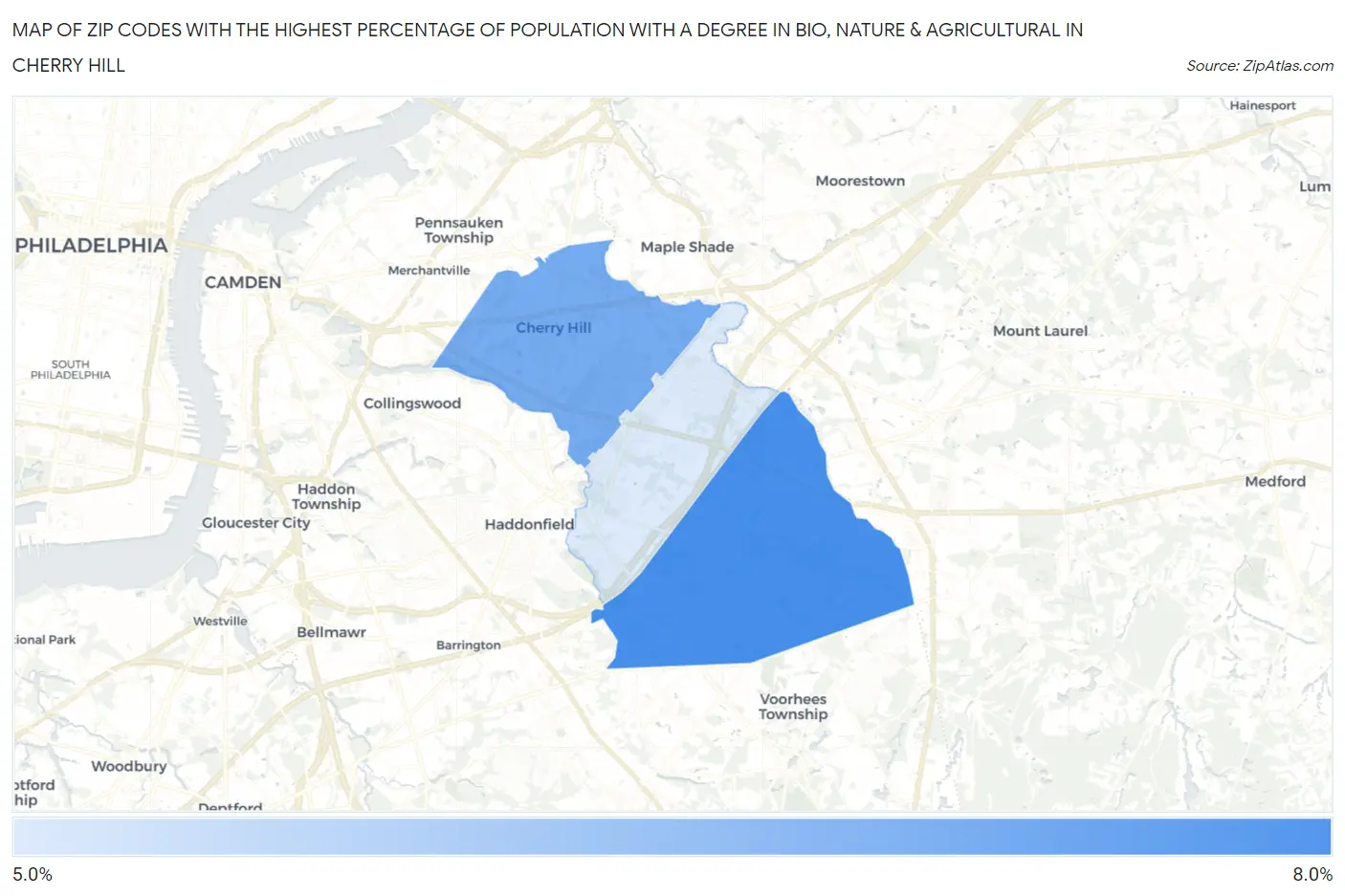 Zip Codes with the Highest Percentage of Population with a Degree in Bio, Nature & Agricultural in Cherry Hill Map