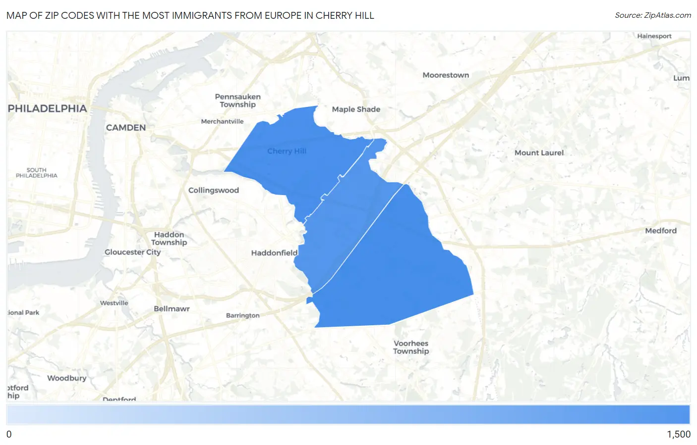 Zip Codes with the Most Immigrants from Europe in Cherry Hill Map