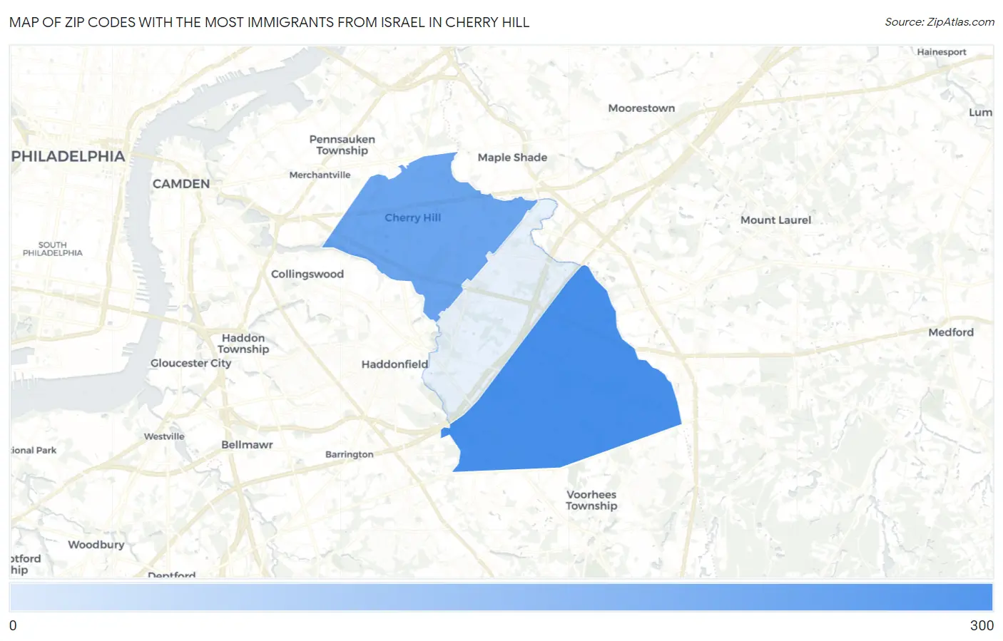 Zip Codes with the Most Immigrants from Israel in Cherry Hill Map