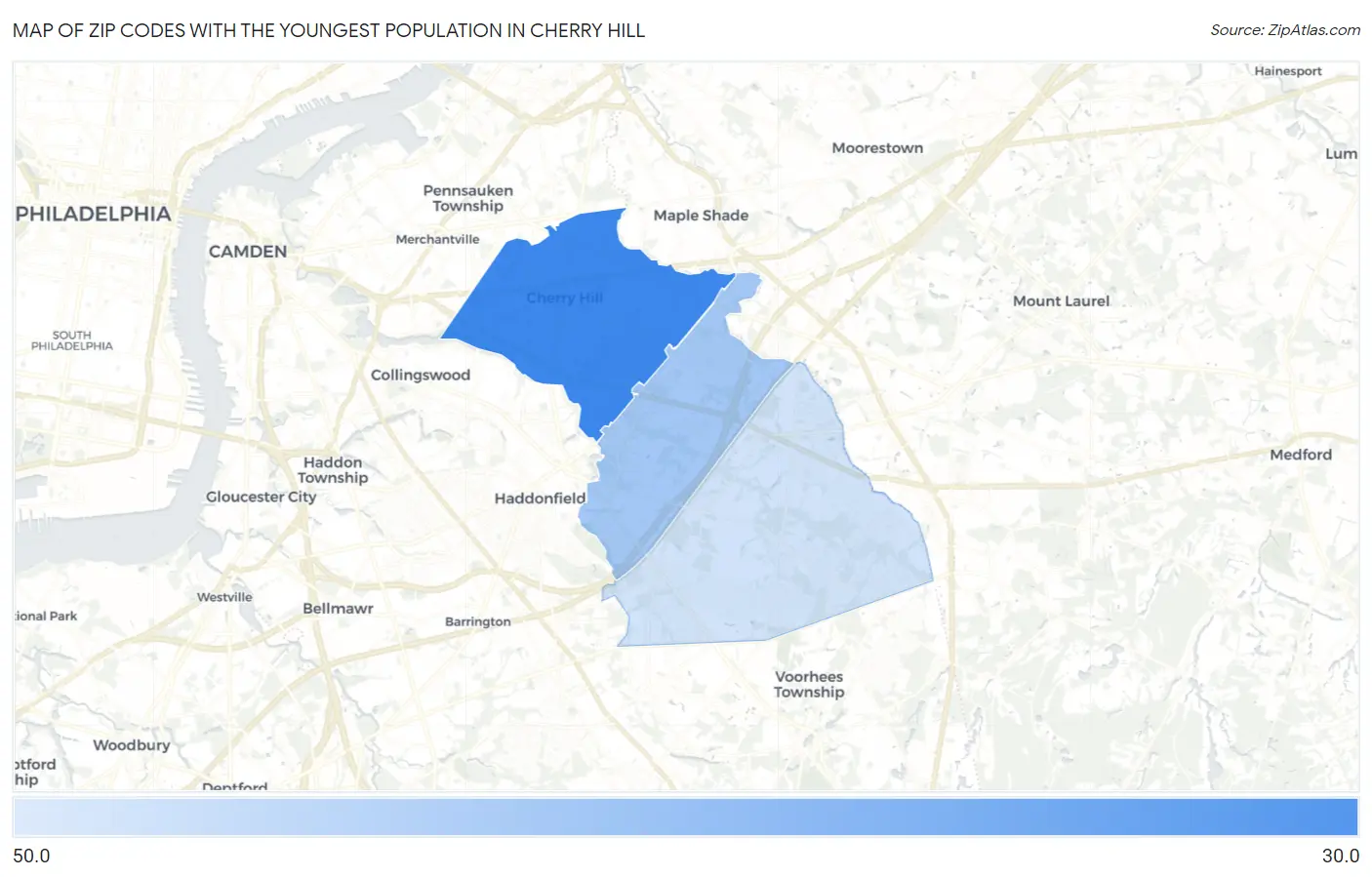 Zip Codes with the Youngest Population in Cherry Hill Map