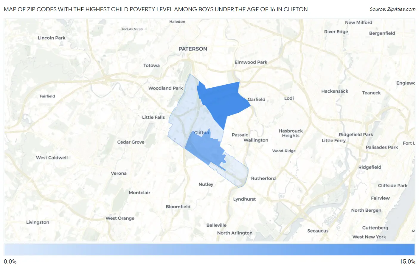 Zip Codes with the Highest Child Poverty Level Among Boys Under the Age of 16 in Clifton Map