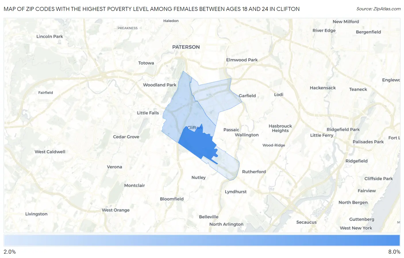 Zip Codes with the Highest Poverty Level Among Females Between Ages 18 and 24 in Clifton Map
