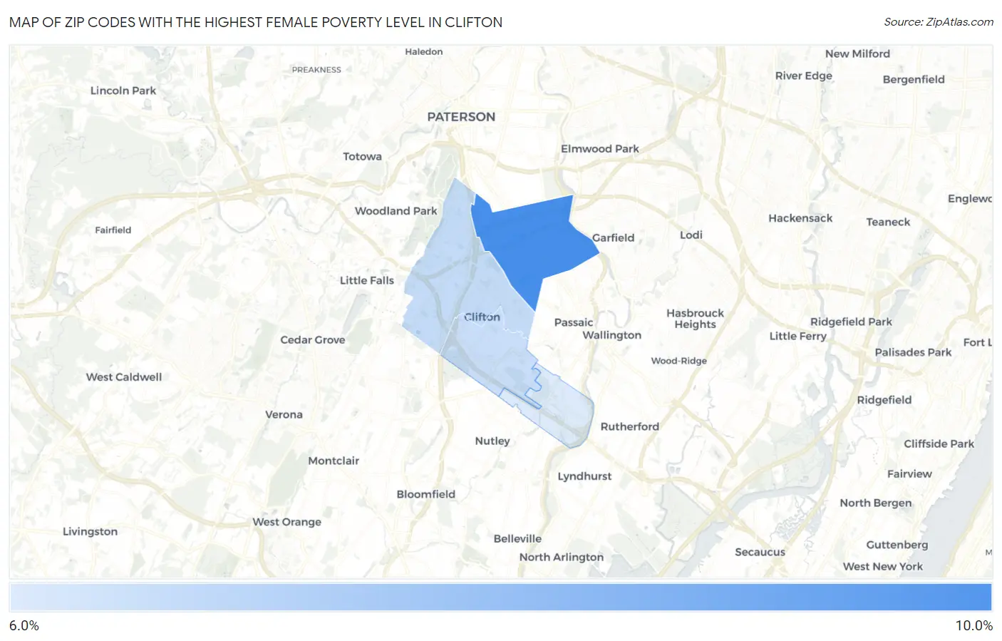Zip Codes with the Highest Female Poverty Level in Clifton Map