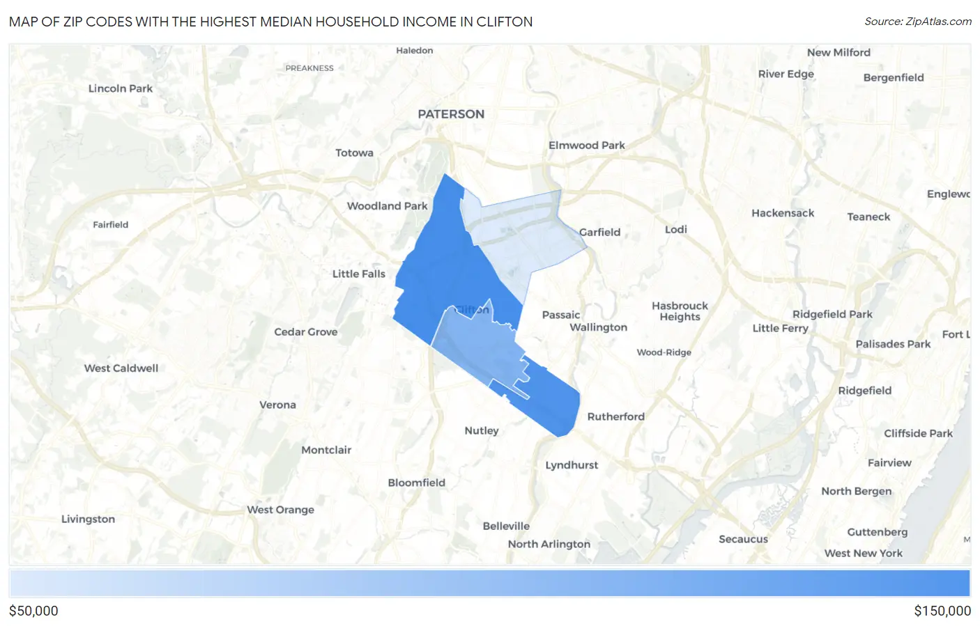 Zip Codes with the Highest Median Household Income in Clifton Map