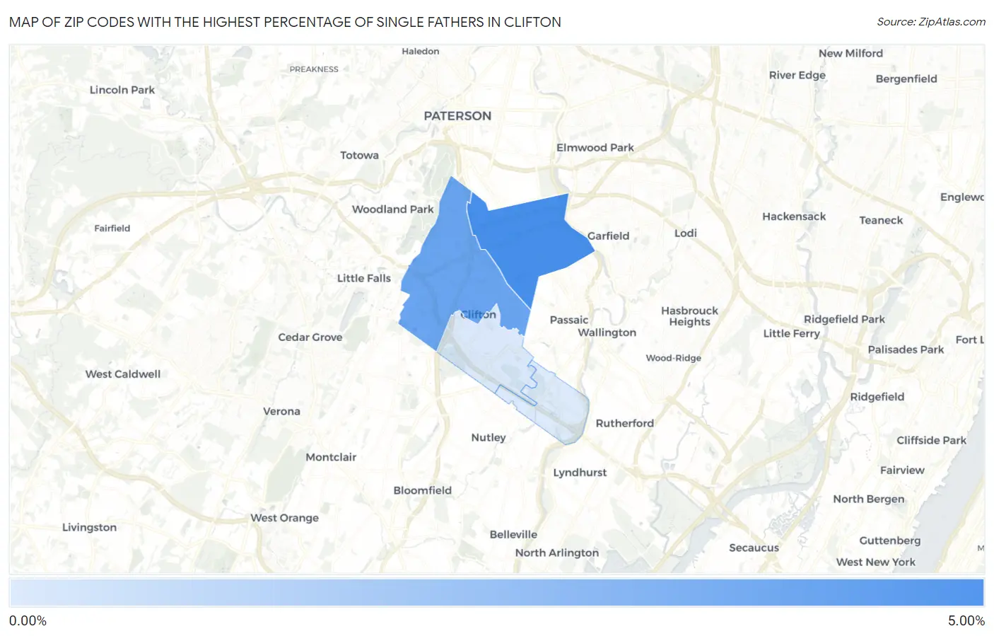 Zip Codes with the Highest Percentage of Single Fathers in Clifton Map