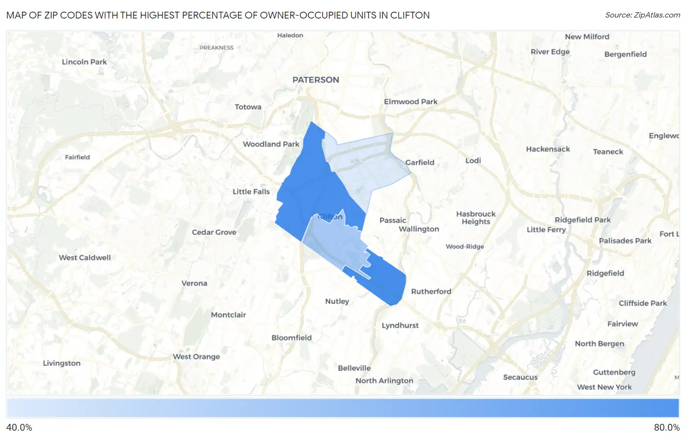 Zip Codes with the Highest Percentage of Owner-Occupied Units in Clifton Map