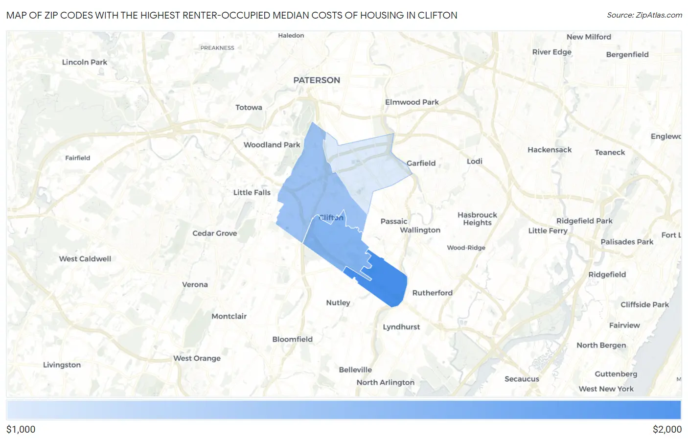 Zip Codes with the Highest Renter-Occupied Median Costs of Housing in Clifton Map