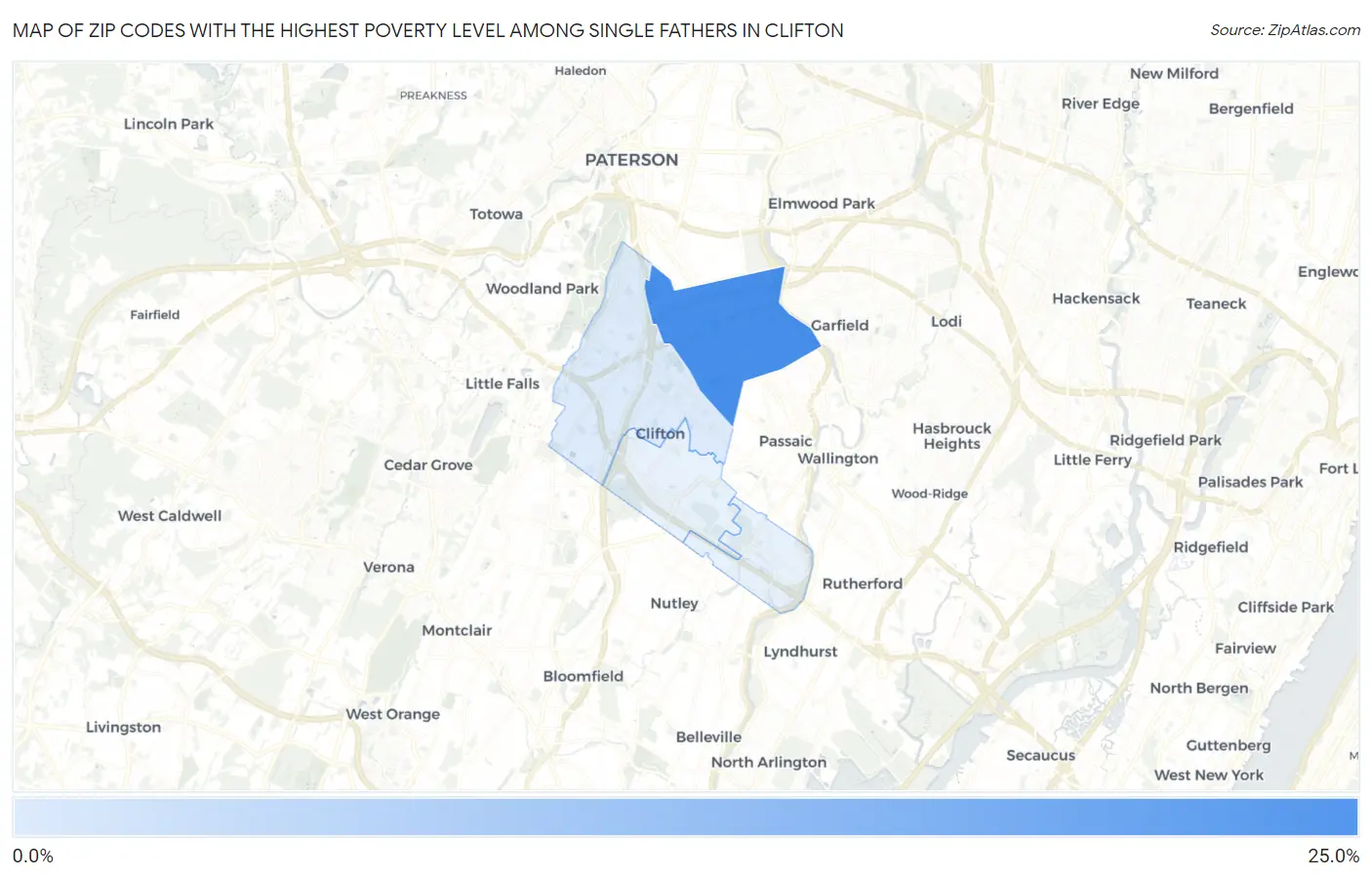 Zip Codes with the Highest Poverty Level Among Single Fathers in Clifton Map