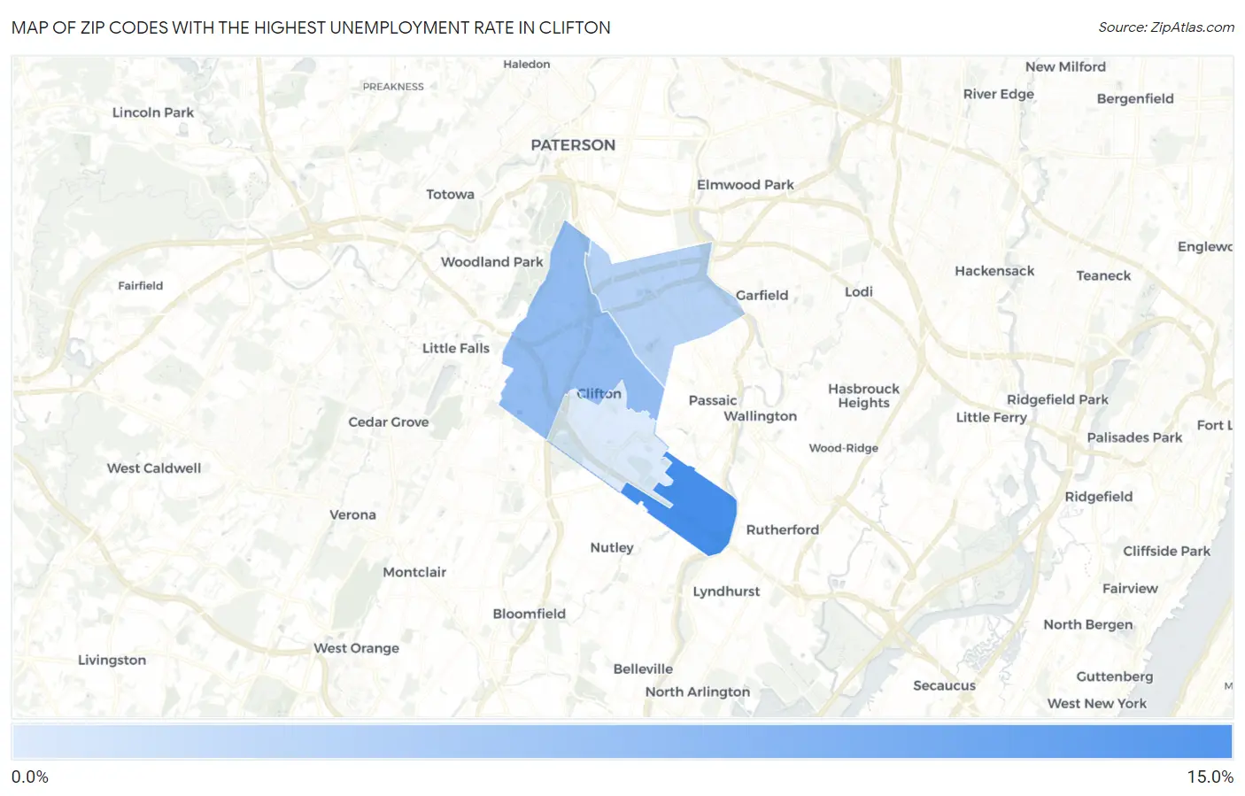 Zip Codes with the Highest Unemployment Rate in Clifton Map