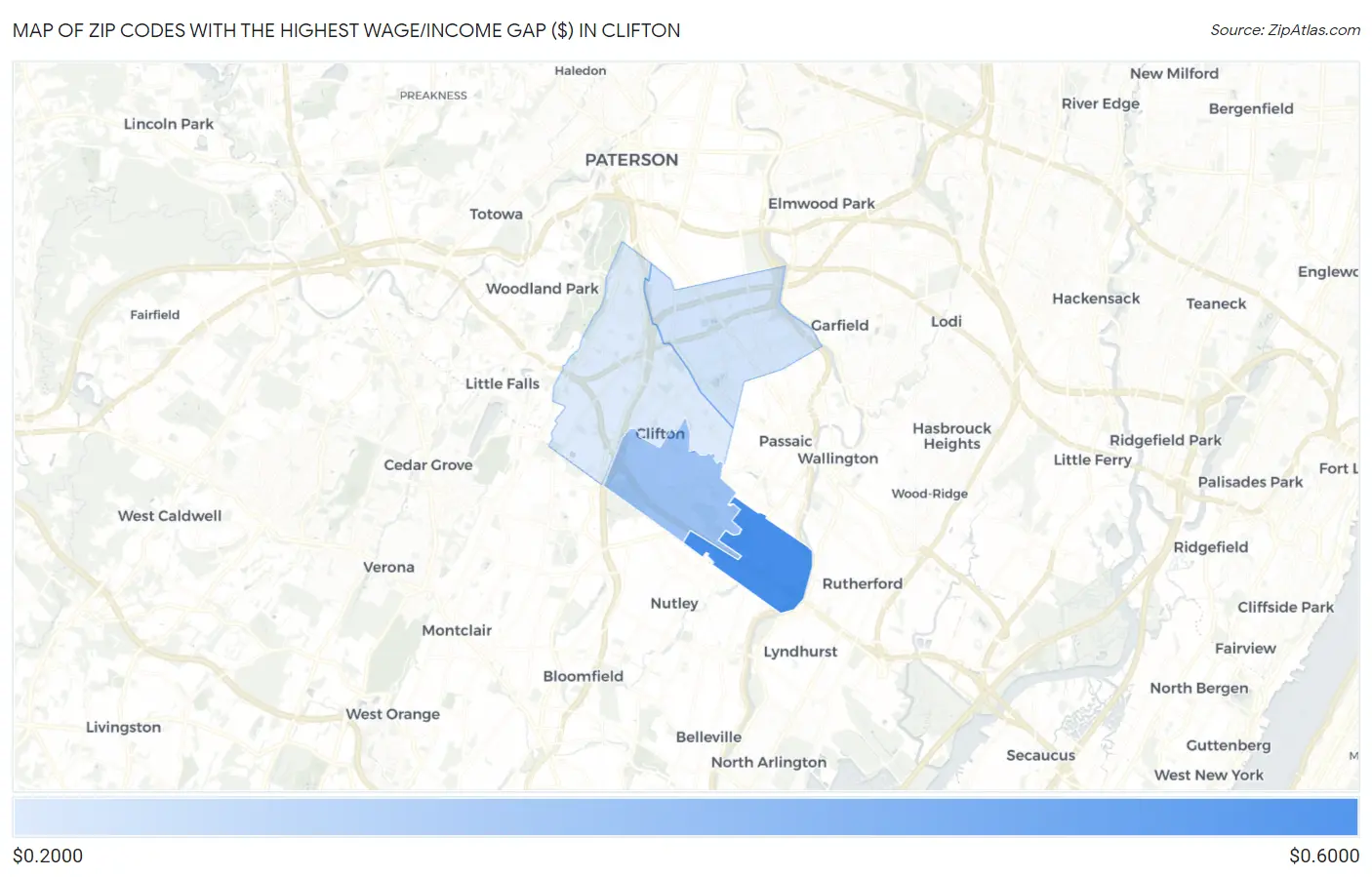 Zip Codes with the Highest Wage/Income Gap ($) in Clifton Map