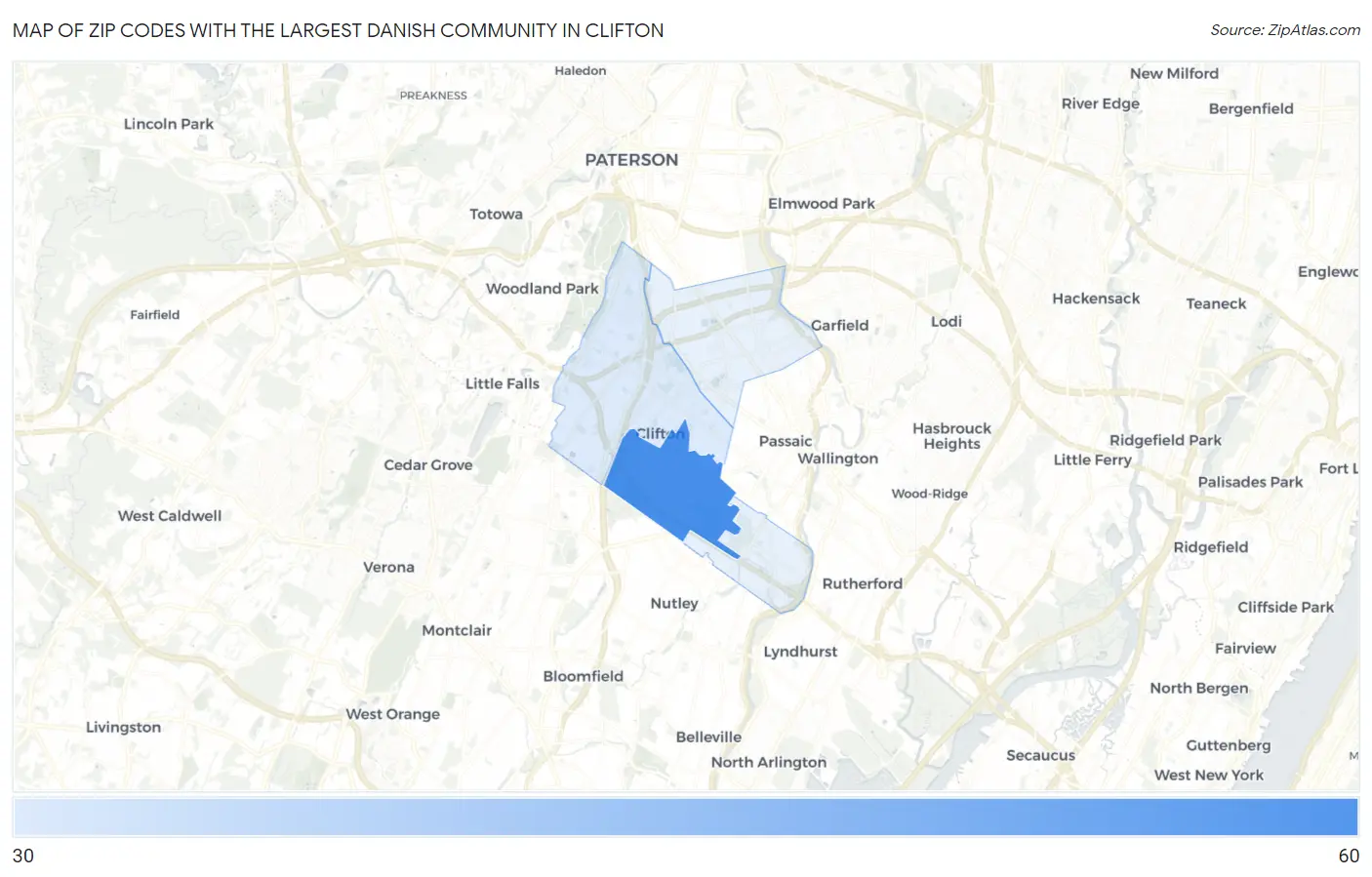 Zip Codes with the Largest Danish Community in Clifton Map