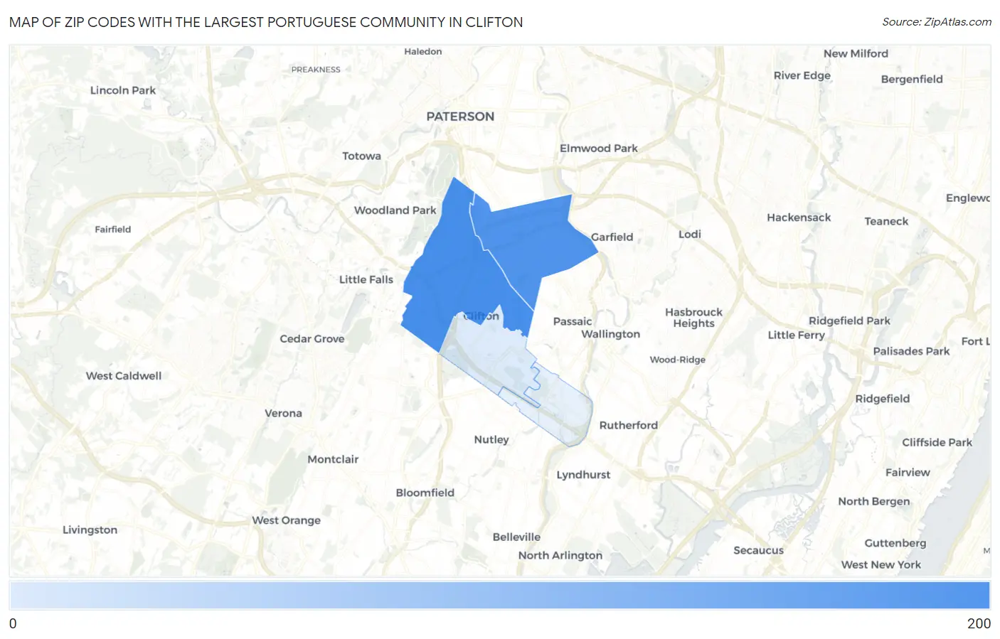 Zip Codes with the Largest Portuguese Community in Clifton Map