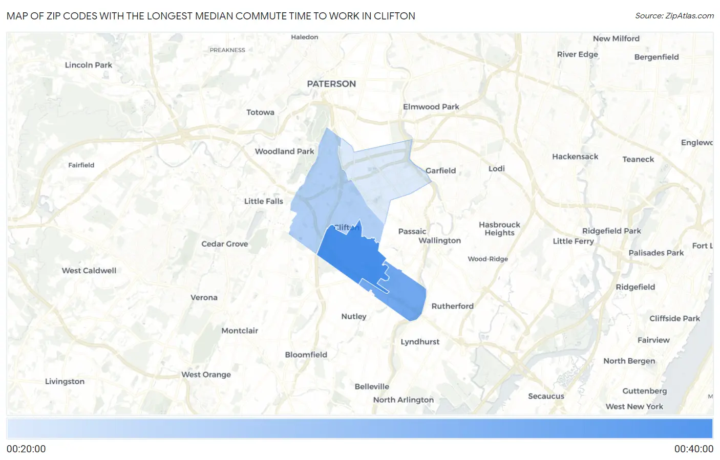 Zip Codes with the Longest Median Commute Time to Work in Clifton Map