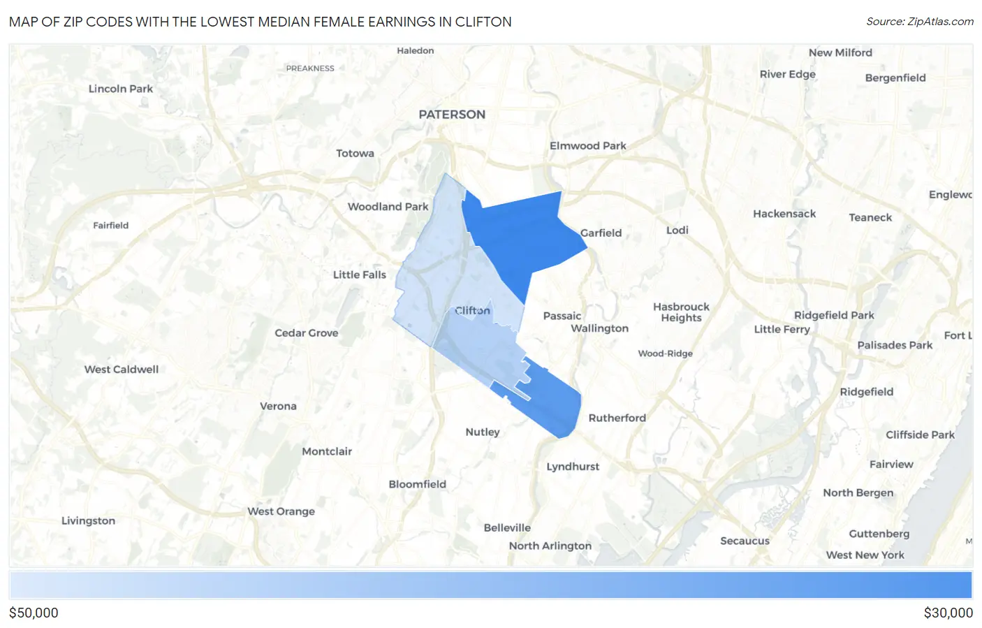Zip Codes with the Lowest Median Female Earnings in Clifton Map