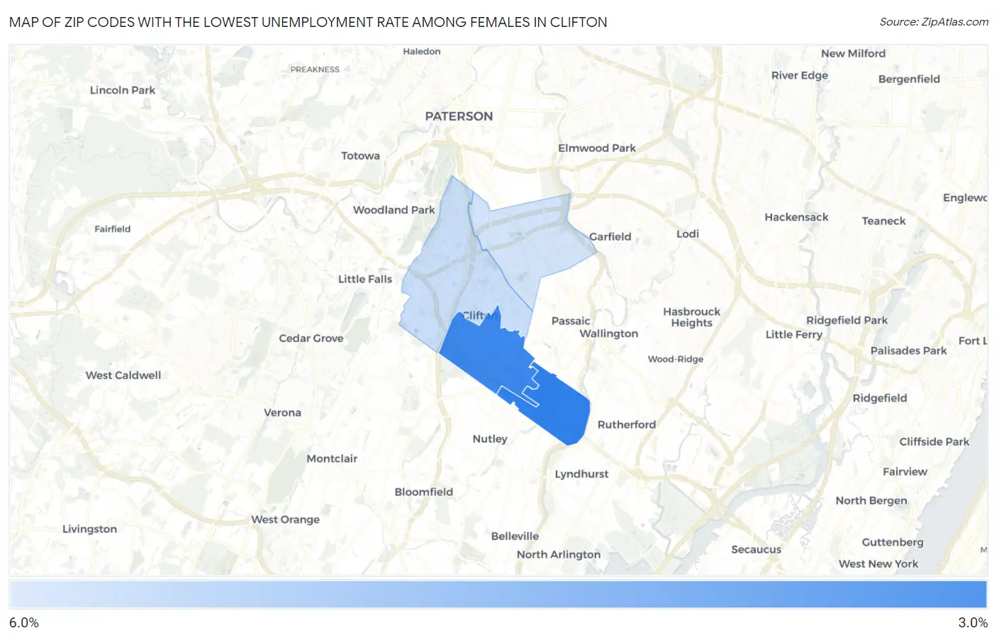 Zip Codes with the Lowest Unemployment Rate Among Females in Clifton Map