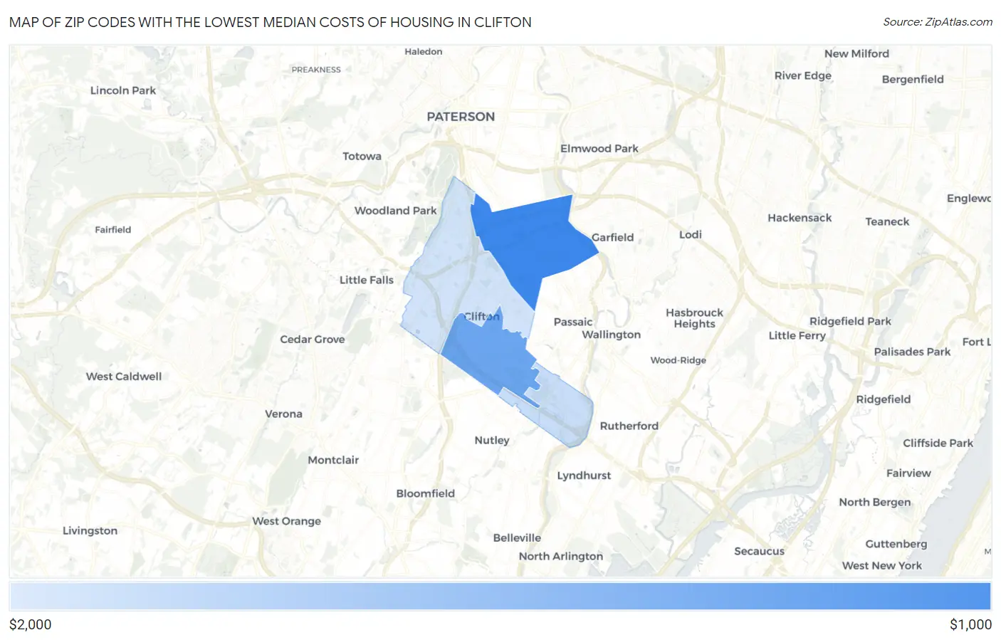 Zip Codes with the Lowest Median Costs of Housing in Clifton Map