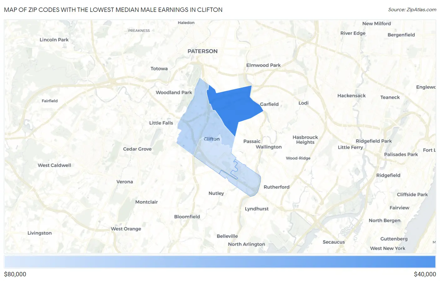 Zip Codes with the Lowest Median Male Earnings in Clifton Map