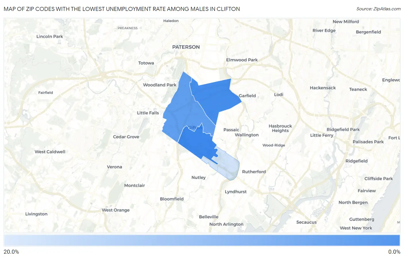 Zip Codes with the Lowest Unemployment Rate Among Males in Clifton Map