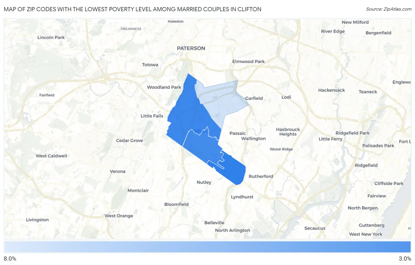 Zip Codes with the Lowest Poverty Level Among Married Couples in Clifton Map