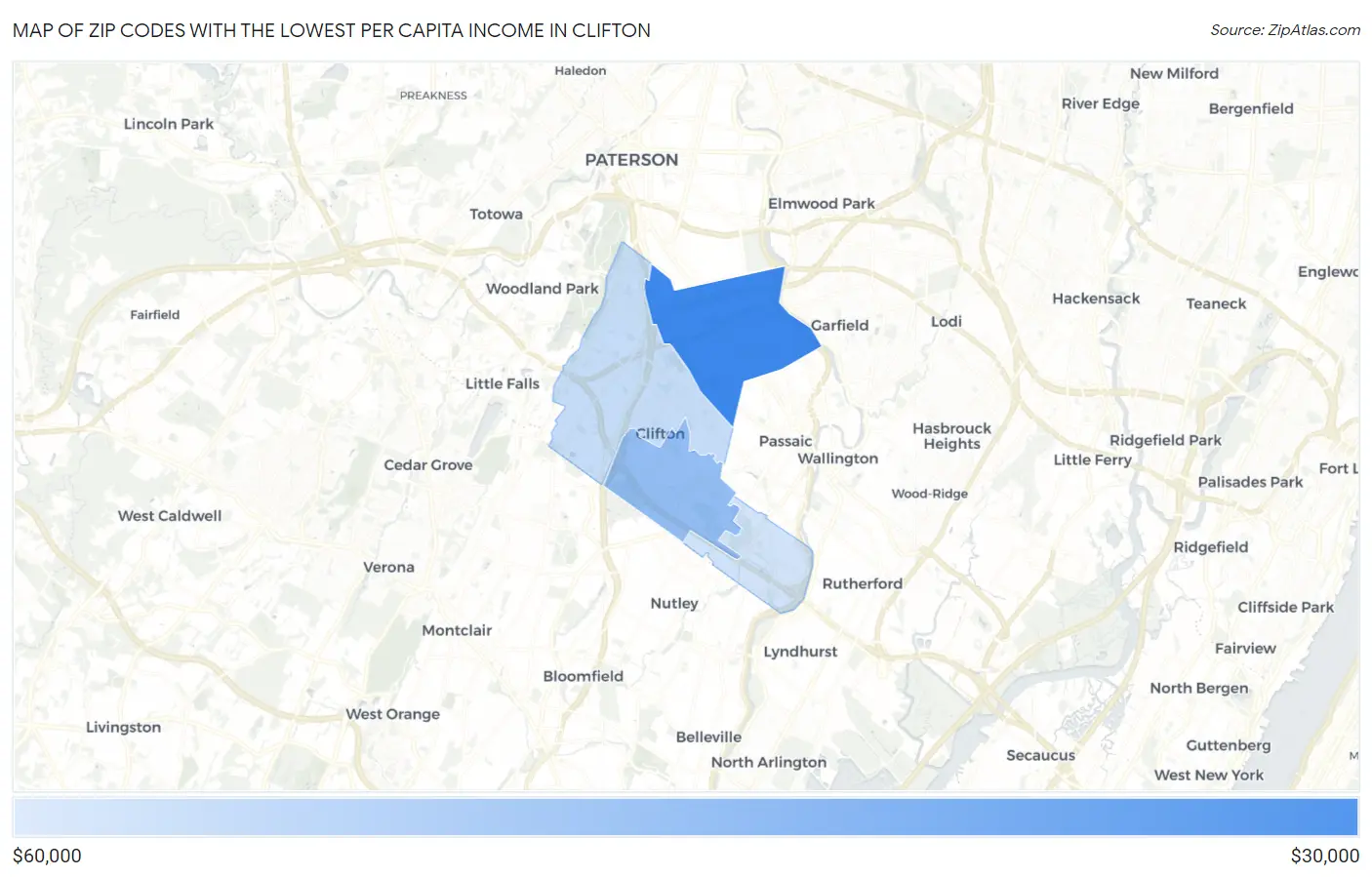 Zip Codes with the Lowest Per Capita Income in Clifton Map
