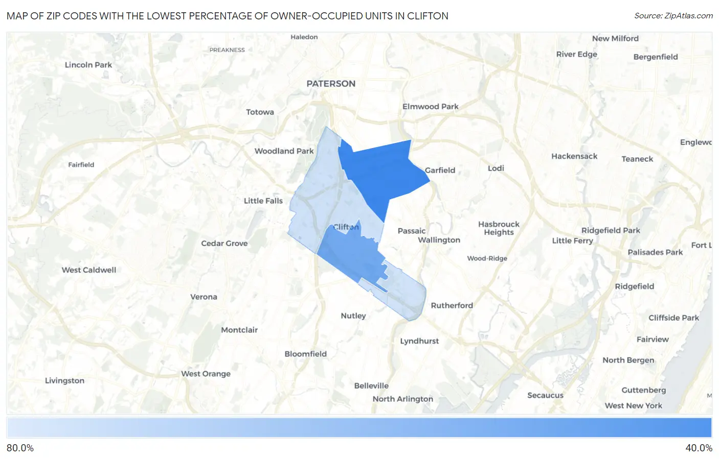 Zip Codes with the Lowest Percentage of Owner-Occupied Units in Clifton Map