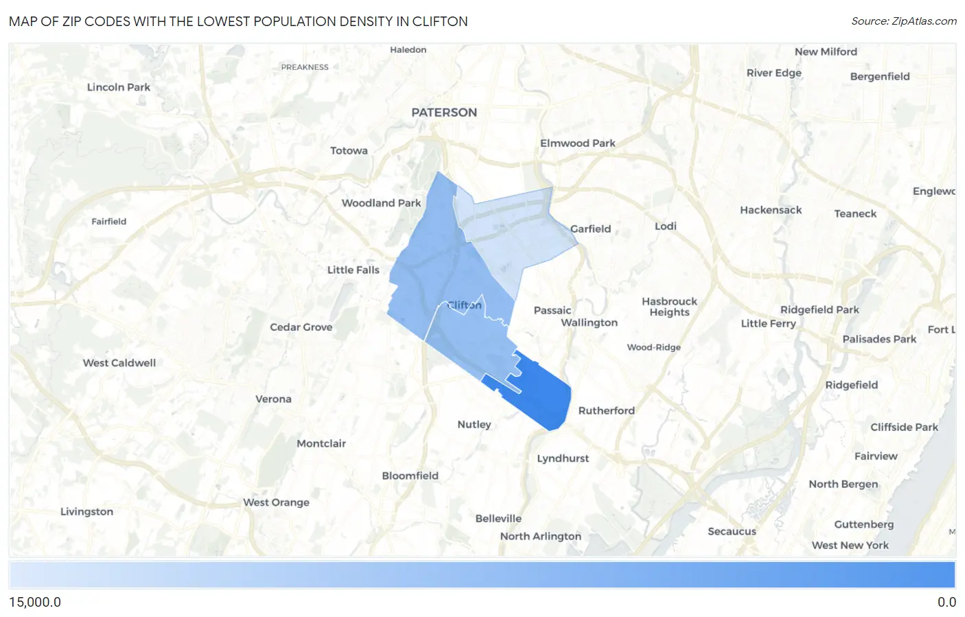 Zip Codes with the Lowest Population Density in Clifton Map