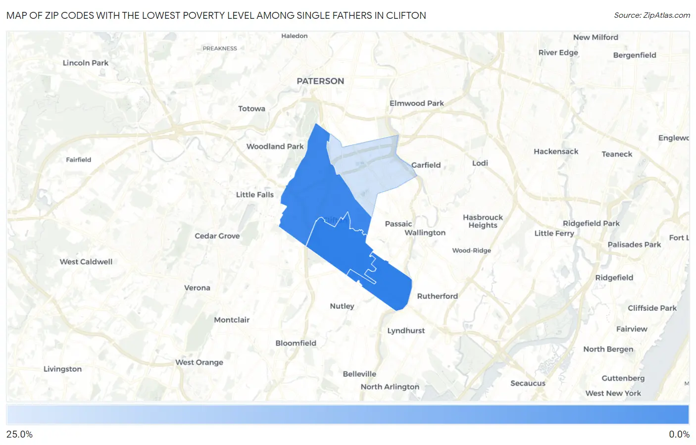 Zip Codes with the Lowest Poverty Level Among Single Fathers in Clifton Map