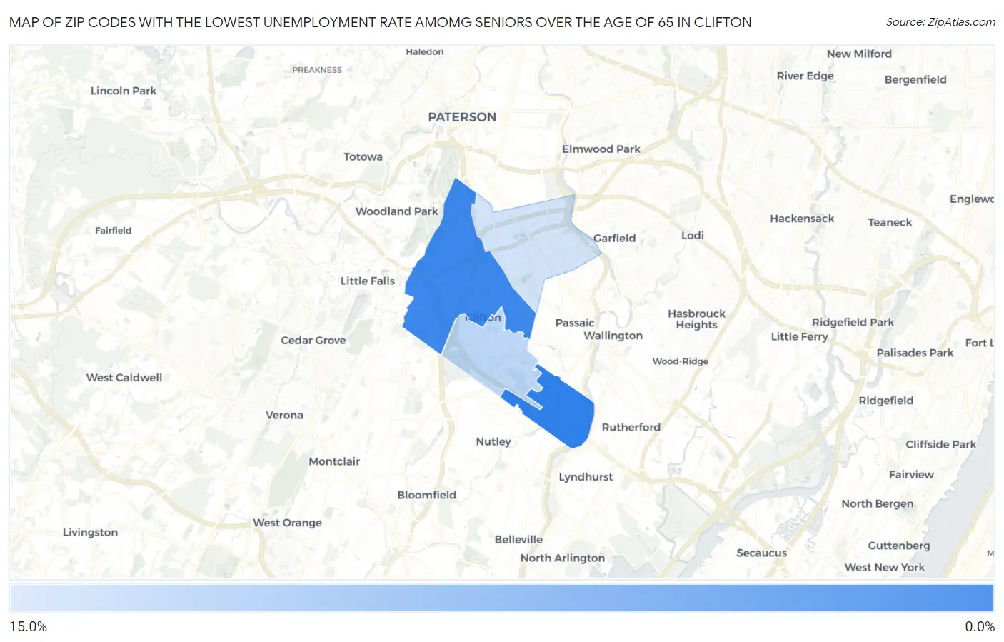 Zip Codes with the Lowest Unemployment Rate Amomg Seniors Over the Age of 65 in Clifton Map