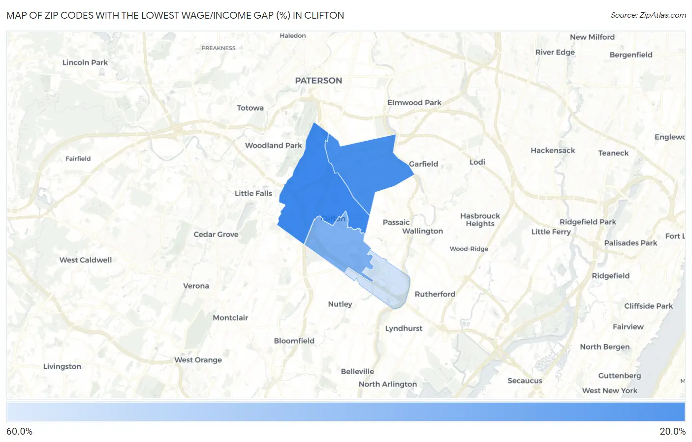 Zip Codes with the Lowest Wage/Income Gap (%) in Clifton Map