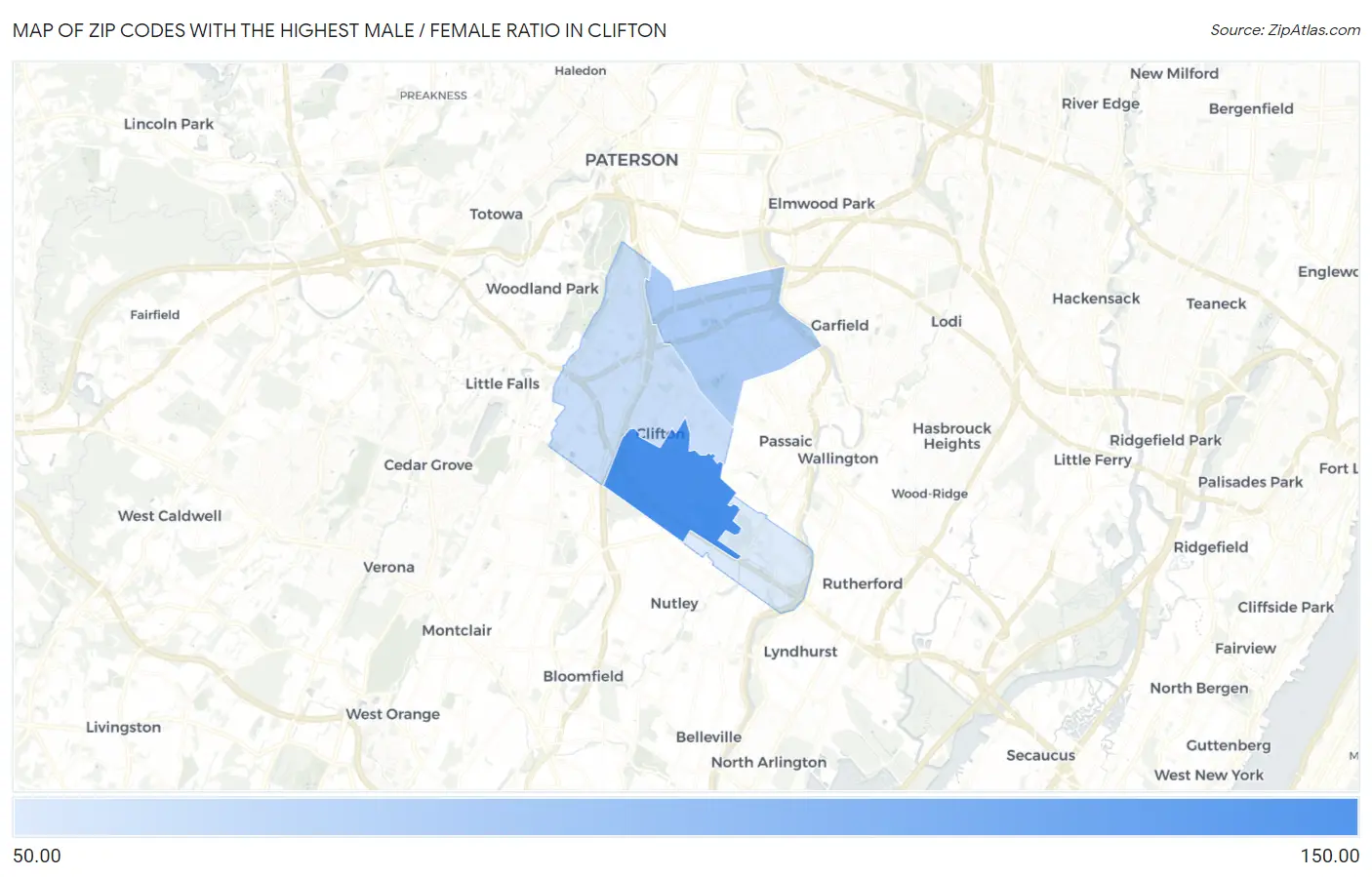 Zip Codes with the Highest Male / Female Ratio in Clifton Map