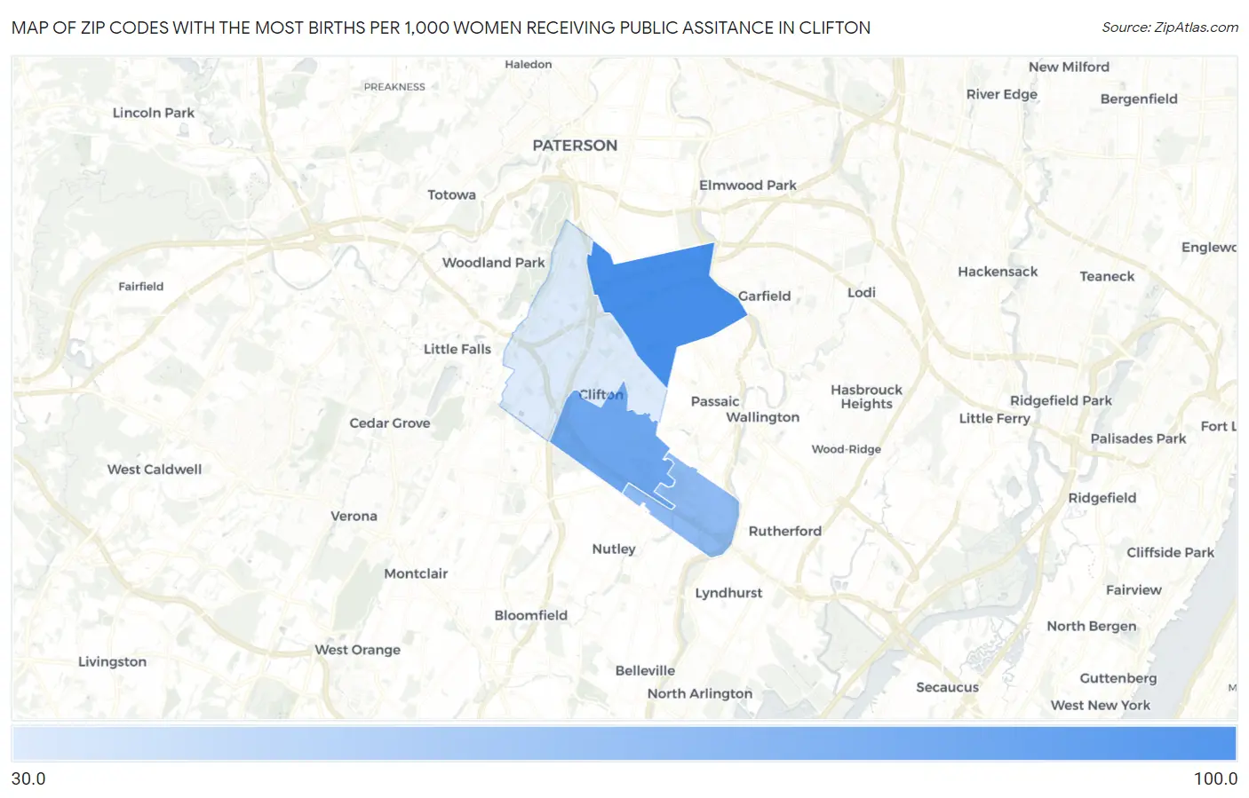 Zip Codes with the Most Births per 1,000 Women Receiving Public Assitance in Clifton Map