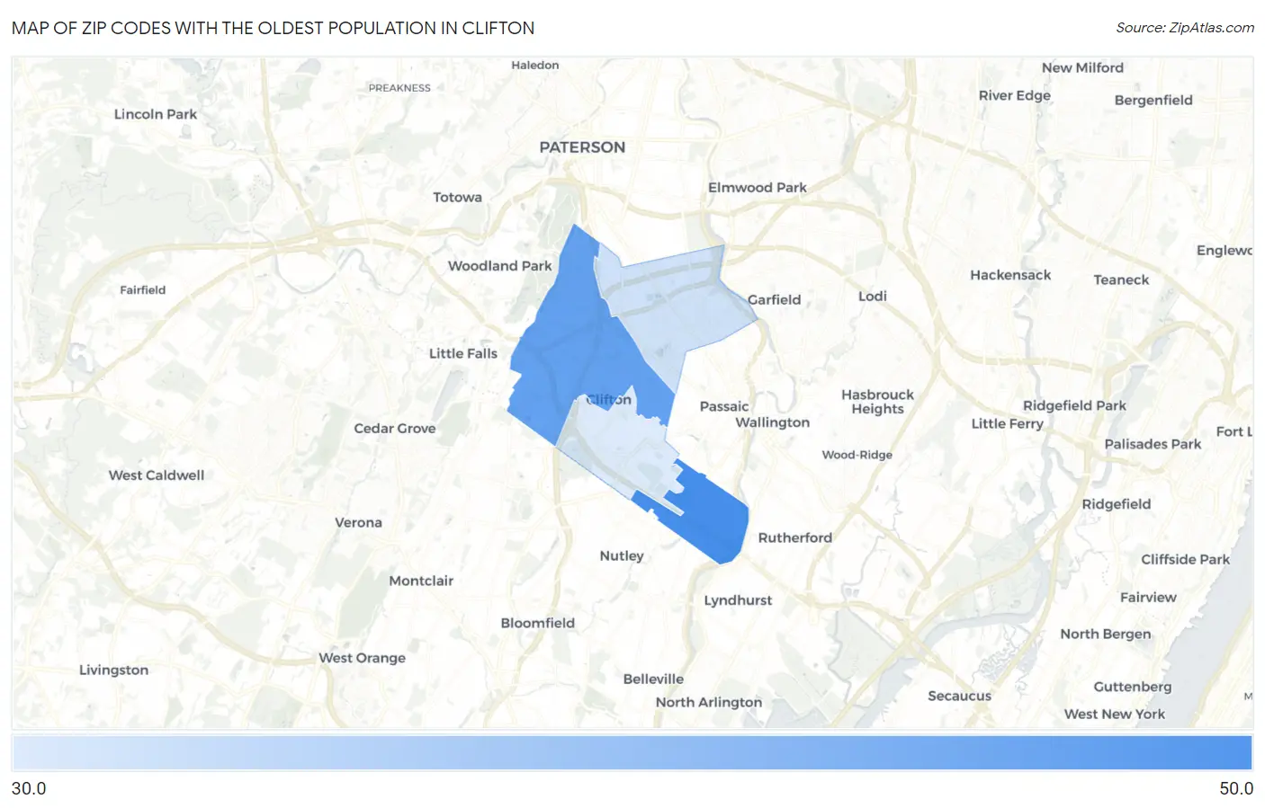 Zip Codes with the Oldest Population in Clifton Map