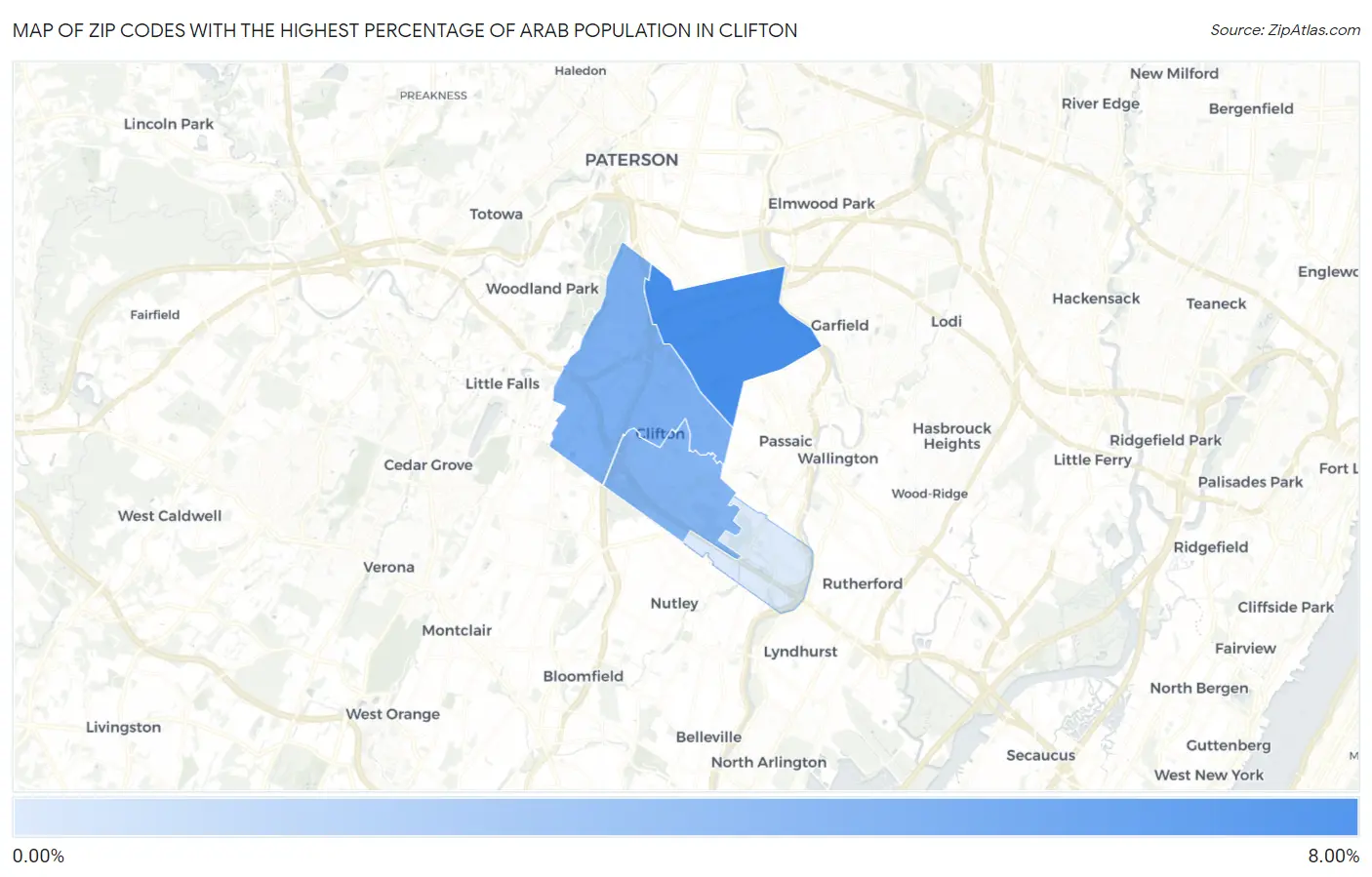 Zip Codes with the Highest Percentage of Arab Population in Clifton Map