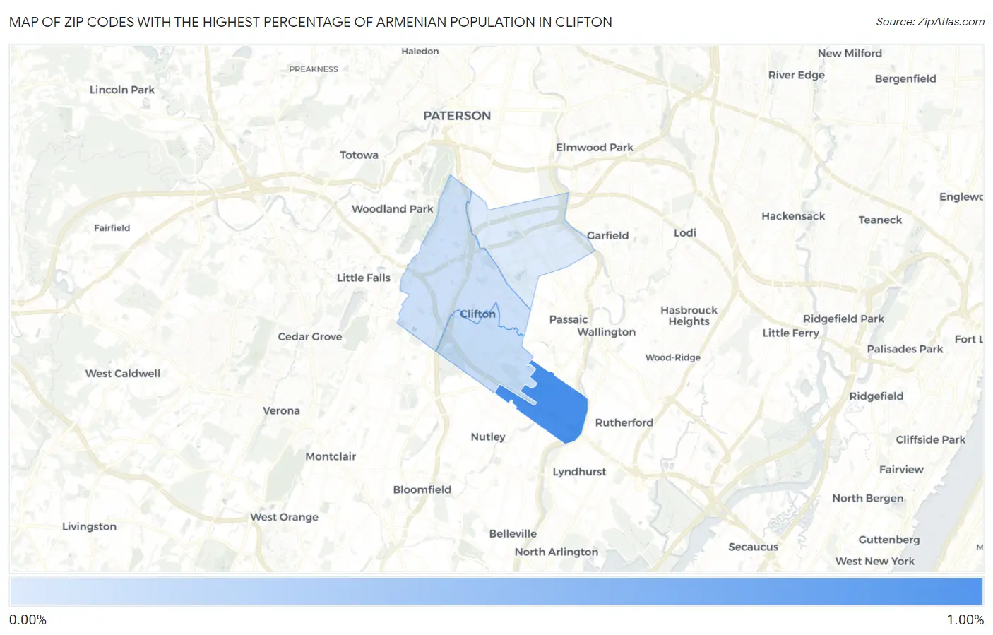 Zip Codes with the Highest Percentage of Armenian Population in Clifton Map