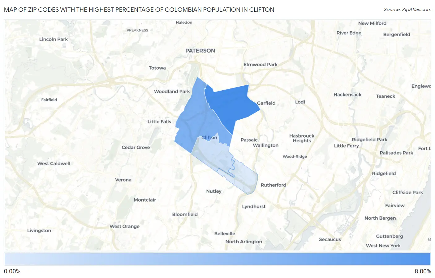 Zip Codes with the Highest Percentage of Colombian Population in Clifton Map