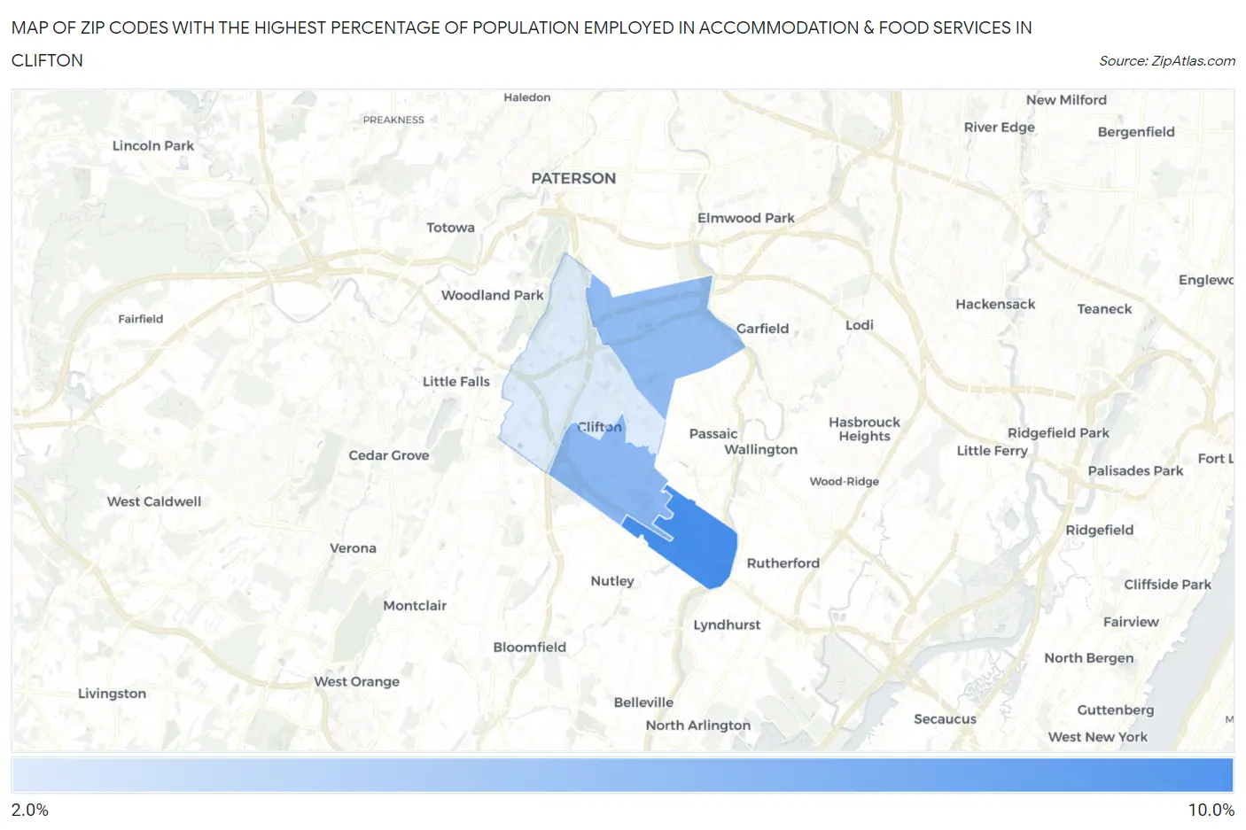 Zip Codes with the Highest Percentage of Population Employed in Accommodation & Food Services in Clifton Map