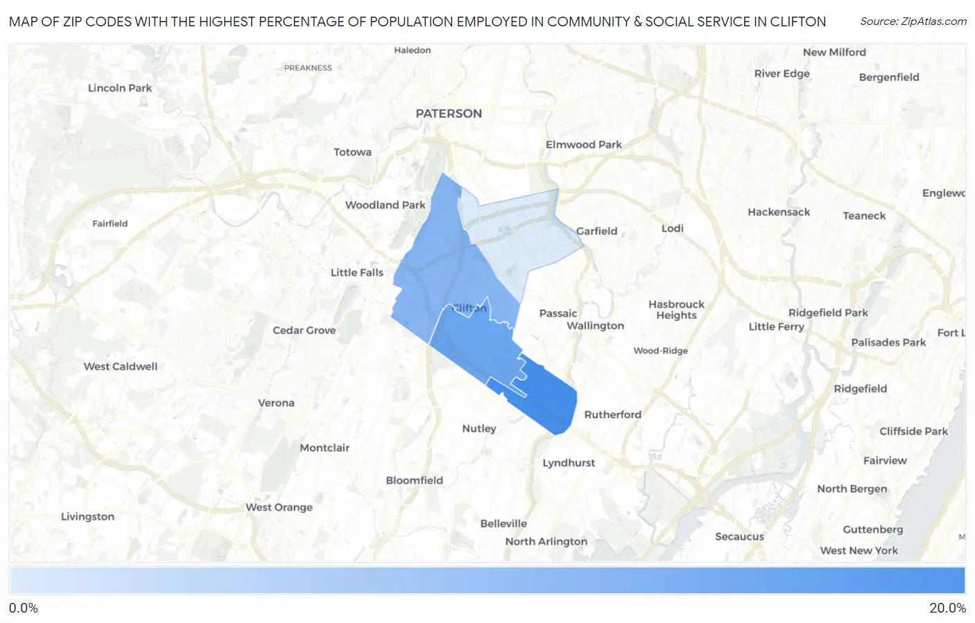 Zip Codes with the Highest Percentage of Population Employed in Community & Social Service  in Clifton Map