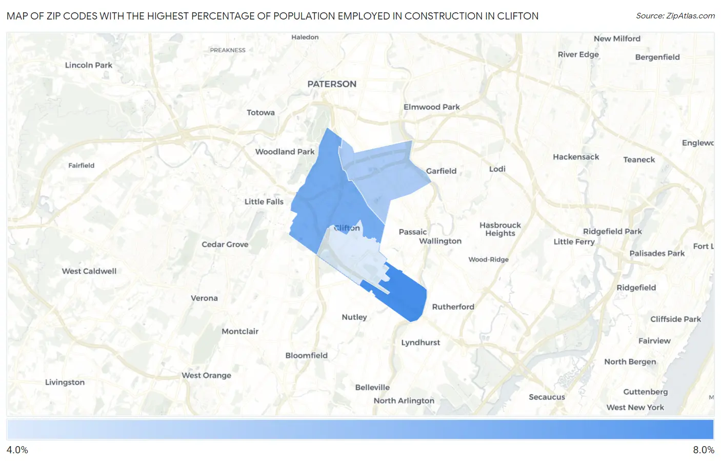 Zip Codes with the Highest Percentage of Population Employed in Construction in Clifton Map