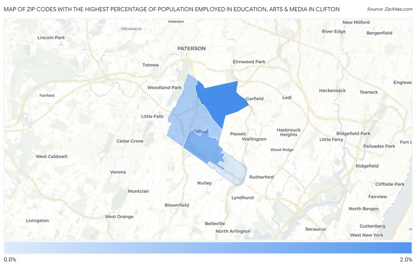 Zip Codes with the Highest Percentage of Population Employed in Education, Arts & Media in Clifton Map