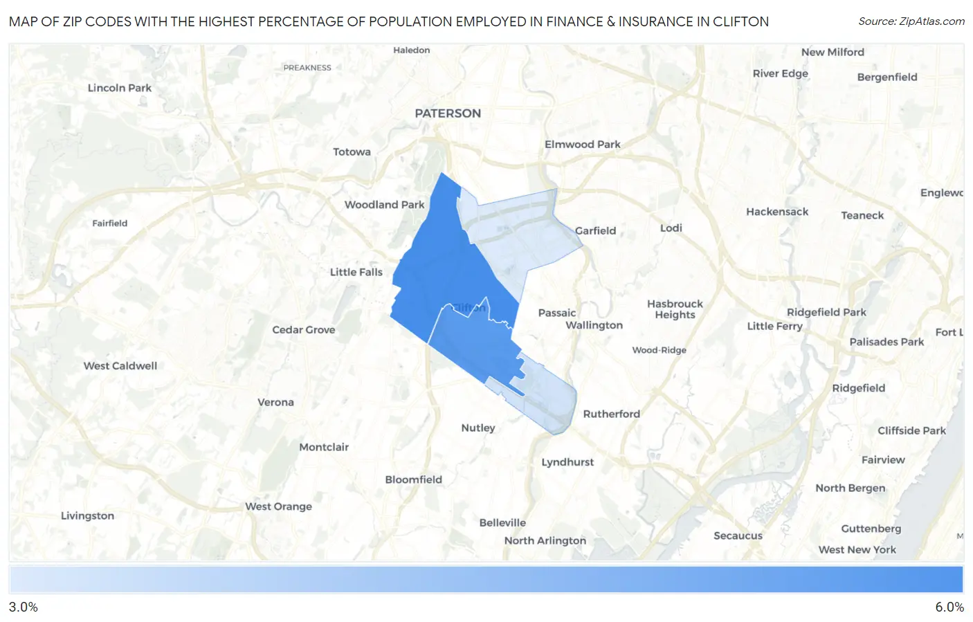 Zip Codes with the Highest Percentage of Population Employed in Finance & Insurance in Clifton Map